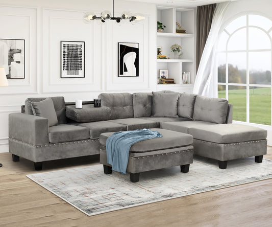 106.5" Modern Sectional Sofa with Storage Ottoman, L-Shape Couch with 2 Pillows and Cup Holder,Sectional Sofa with Reversible Chaise for Living Room,Gray