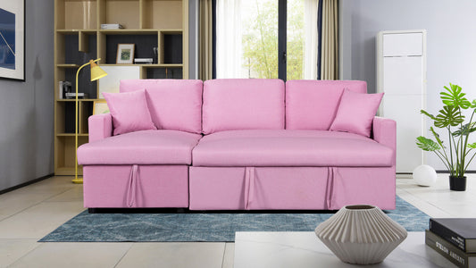 Paisley Pink Linen Fabric Reversible Sleeper Sectional Sofa with Storage Chaise