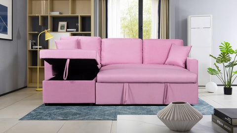 Paisley Pink Linen Fabric Reversible Sleeper Sectional Sofa with Storage Chaise