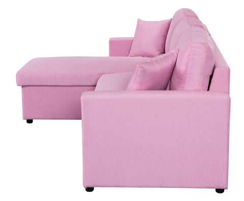 Paisley Pink Linen Fabric Reversible Sleeper Sectional Sofa with Storage Chaise