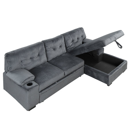 95.7" Modern Padded Upholstered  Sofa Bed Sleeper Sectional Sofa with Storage Chaise and Cup Holder for Living Room Furniture Set