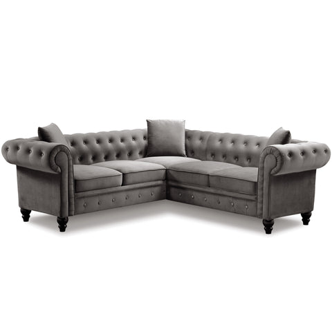 [VIDEO provided] 80*80*28" Deep Button Tufted Velvet Upholstered Rolled Arm Classic Chesterfield L Shaped Sectional Sofa 3 Pillows Included-Grey