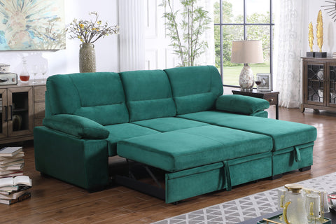 Green Velvet Fabric Reversible Sleeper Sectional Sofa Chaise