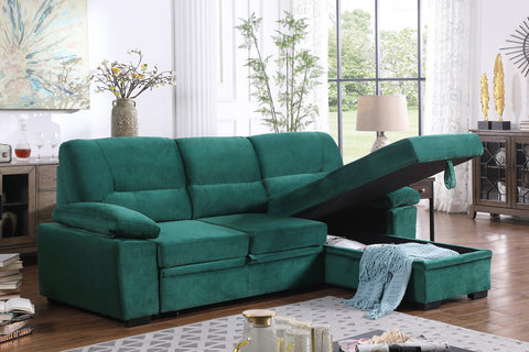 Green Velvet Fabric Reversible Sleeper Sectional Sofa Chaise