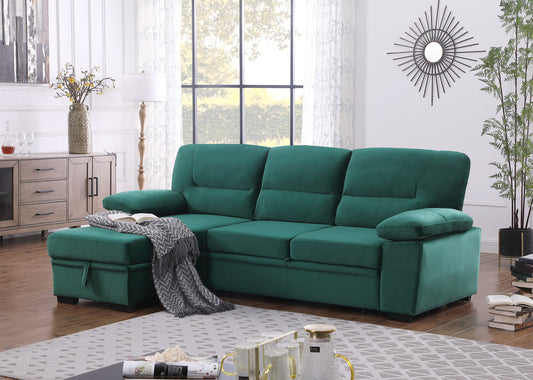 Green Velvet Fabric Reversible Sleeper Sectional Sofa Chaise