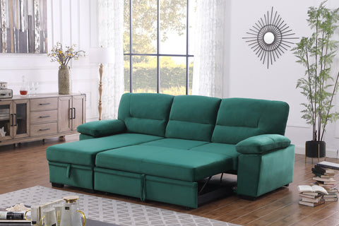 Green Velvet Fabric Reversible Sleeper Sectional Sofa Chaise