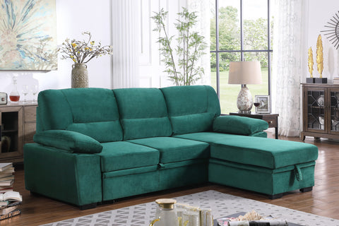 Green Velvet Fabric Reversible Sleeper Sectional Sofa Chaise