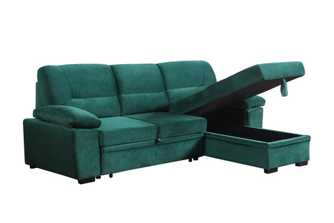 Green Velvet Fabric Reversible Sleeper Sectional Sofa Chaise