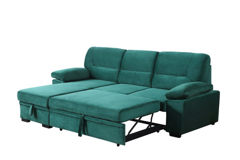 Green Velvet Fabric Reversible Sleeper Sectional Sofa Chaise