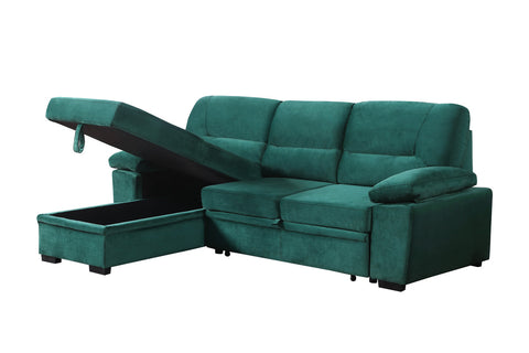 Green Velvet Fabric Reversible Sleeper Sectional Sofa Chaise