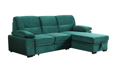 Green Velvet Fabric Reversible Sleeper Sectional Sofa Chaise