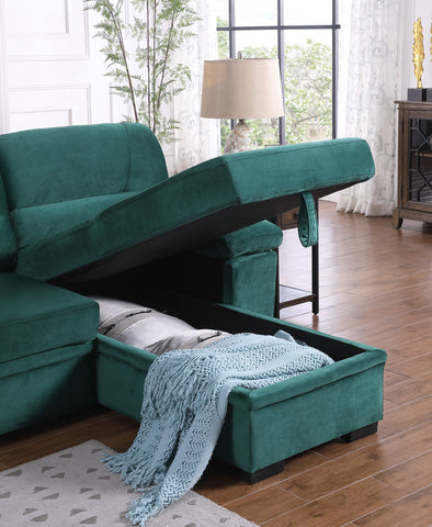 Green Velvet Fabric Reversible Sleeper Sectional Sofa Chaise