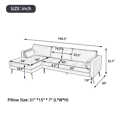 Orisfur. Sectional Sofa with Two Pillows, L-Shape Upholstered Couch with Modern Elegant Velvet for Living Room Apartment