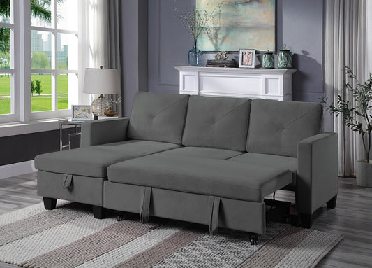 Dark Gray Velvet Reversible Sleeper Sectional Sofa with Storage Chaise