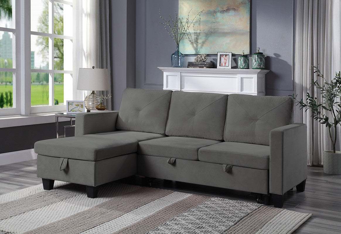 Dark Gray Velvet Reversible Sleeper Sectional Sofa with Storage Chaise