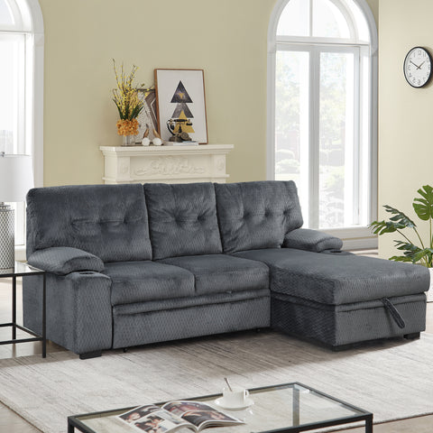 95.7" Modern Padded Upholstered  Sofa Bed Sleeper Sectional Sofa with Storage Chaise and Cup Holder for Living Room Furniture Set