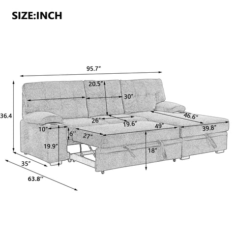 95.7" Modern Padded Upholstered  Sofa Bed Sleeper Sectional Sofa with Storage Chaise and Cup Holder for Living Room Furniture Set