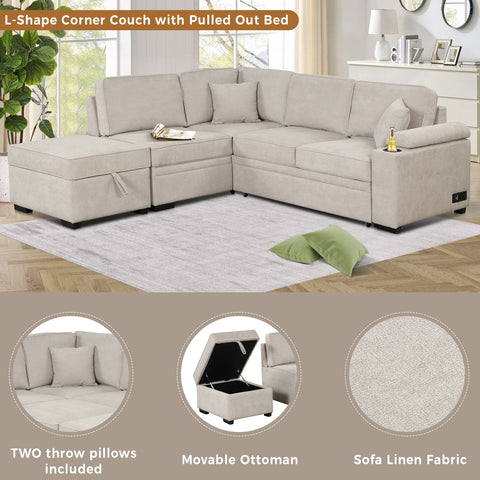 87.4" Sleeper Sofa Bed,2 in 1 Pull Out sofa bed L Shape Couch with Storage Ottoman for Living Room,Bedroom Couch and Small Apartment，Beige