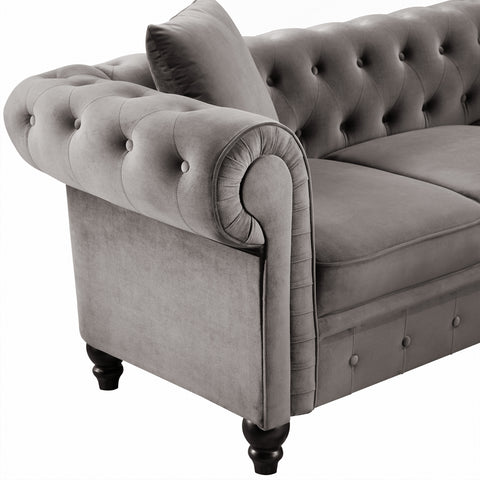 [VIDEO provided] 80*80*28" Deep Button Tufted Velvet Upholstered Rolled Arm Classic Chesterfield L Shaped Sectional Sofa 3 Pillows Included-Grey