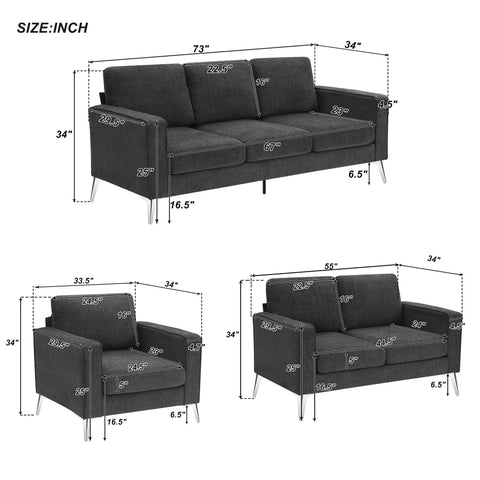 Modern 3-Piece Sofa Sets with Sturdy Metal Legs,Linen Upholstered Couches Sets Including 3-Seat Sofa, Loveseat and Single Chair for Living Room Furniture Set (1+2+3 Seat)