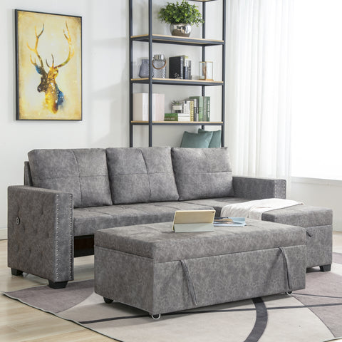 84" L Sectional Sofa with 2 USB Charger,2 seats  Sofa Bed With  Storage chaise,Sleeper Independent Use as Coffee Table,Nail headed,3-seat