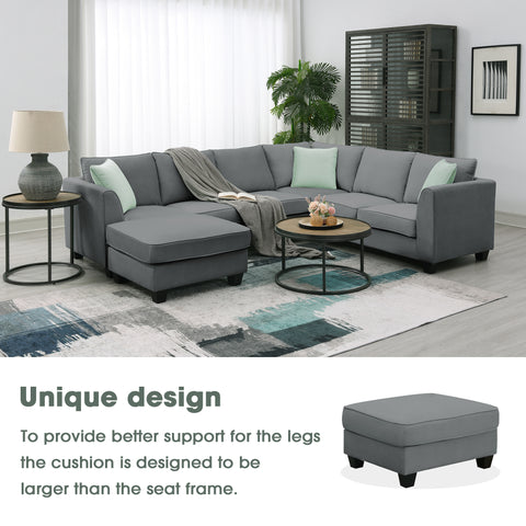 [VIDEO provided] 112*87" Sectional Sofa Couches Living Room Sets 7 Seats Modular Sectional Sofa with Ottoman L Shape Fabric Sofa Corner Couch Set with 3 Pillows, Grey