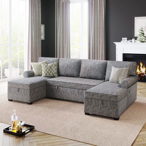 108.75" Sectional U-Shaped Sofa with 2 USB Chargers,2-seat  Sofa Bed With Double Storage Chaise longue,Sleeper Independent Used as Coffee Table,Seating Capacity 6