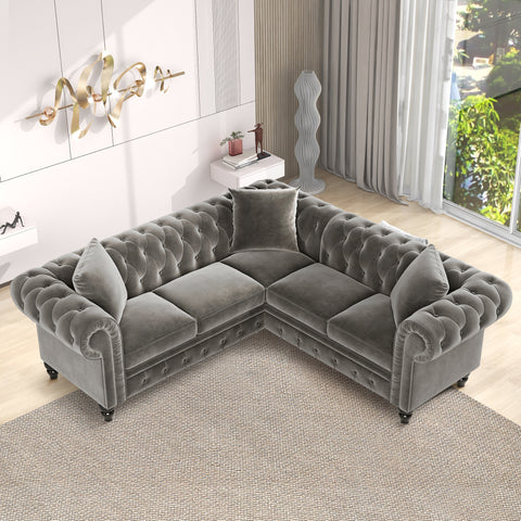 [VIDEO provided] 80*80*28" Deep Button Tufted Velvet Upholstered Rolled Arm Classic Chesterfield L Shaped Sectional Sofa 3 Pillows Included-Grey