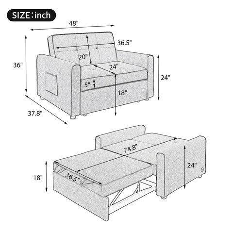 Orisfur. 48" Convertible Sleeper Sofa Bed, Multi-Functional Adjustable Single Bed Chair  with USB Port and 2 Pillows for Small Space