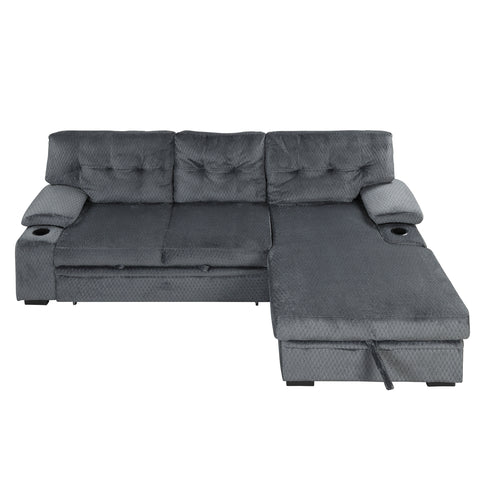 95.7" Modern Padded Upholstered  Sofa Bed Sleeper Sectional Sofa with Storage Chaise and Cup Holder for Living Room Furniture Set