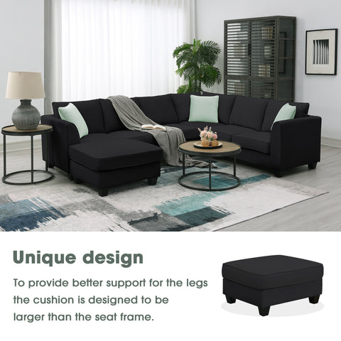 [VIDEO provided] 112*87" Sectional Sofa Couches Living Room Sets 7 Seats Modular Sectional Sofa with Ottoman L Shape Fabric Sofa Corner Couch Set with 3 Pillows, Black