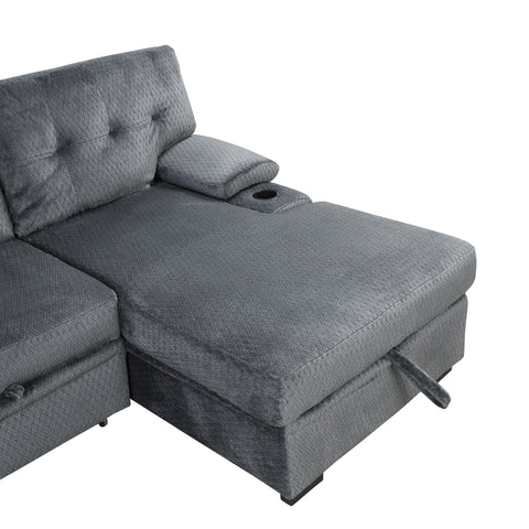 95.7" Modern Padded Upholstered  Sofa Bed Sleeper Sectional Sofa with Storage Chaise and Cup Holder for Living Room Furniture Set