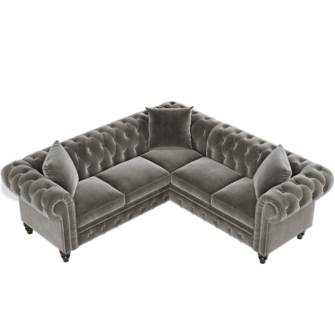 [VIDEO provided] 80*80*28" Deep Button Tufted Velvet Upholstered Rolled Arm Classic Chesterfield L Shaped Sectional Sofa 3 Pillows Included-Grey