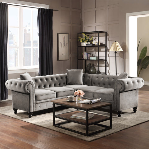 [VIDEO provided] 80*80*28" Deep Button Tufted Velvet Upholstered Rolled Arm Classic Chesterfield L Shaped Sectional Sofa 3 Pillows Included-Grey