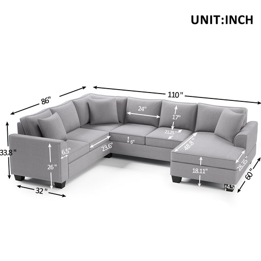 [New] 110*86" Sectional Sofa Upholstered Modern English Arm Classic U-shaped Sofa 3 Pillows Included