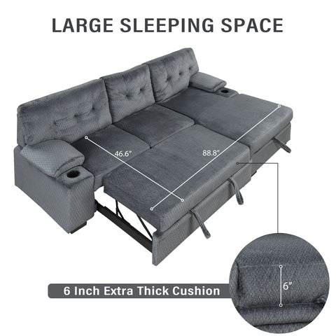 95.7" Modern Padded Upholstered  Sofa Bed Sleeper Sectional Sofa with Storage Chaise and Cup Holder for Living Room Furniture Set