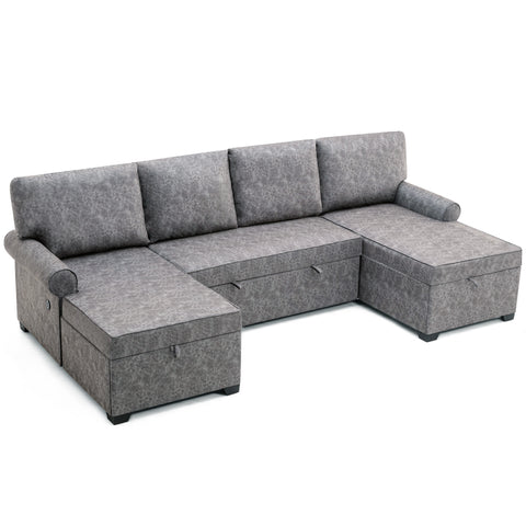 108.75" Sectional U-Shaped Sofa with 2 USB Chargers,2-seat  Sofa Bed With Double Storage Chaise longue,Sleeper Independent Used as Coffee Table,Seating Capacity 6