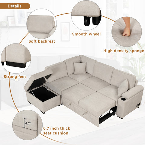 87.4" Sleeper Sofa Bed,2 in 1 Pull Out sofa bed L Shape Couch with Storage Ottoman for Living Room,Bedroom Couch and Small Apartment，Beige