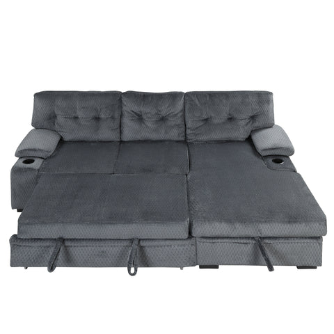 95.7" Modern Padded Upholstered  Sofa Bed Sleeper Sectional Sofa with Storage Chaise and Cup Holder for Living Room Furniture Set