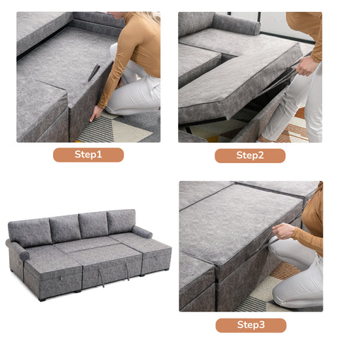 108.75" Sectional U-Shaped Sofa with 2 USB Chargers,2-seat  Sofa Bed With Double Storage Chaise longue,Sleeper Independent Used as Coffee Table,Seating Capacity 6