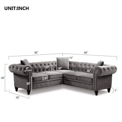 [VIDEO provided] 80*80*28" Deep Button Tufted Velvet Upholstered Rolled Arm Classic Chesterfield L Shaped Sectional Sofa 3 Pillows Included-Grey