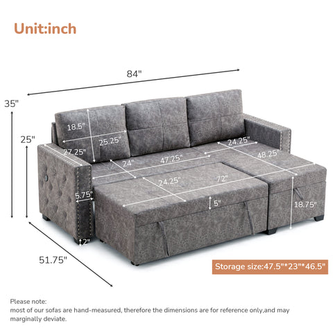 84" L Sectional Sofa with 2 USB Charger,2 seats  Sofa Bed With  Storage chaise,Sleeper Independent Use as Coffee Table,Nail headed,3-seat